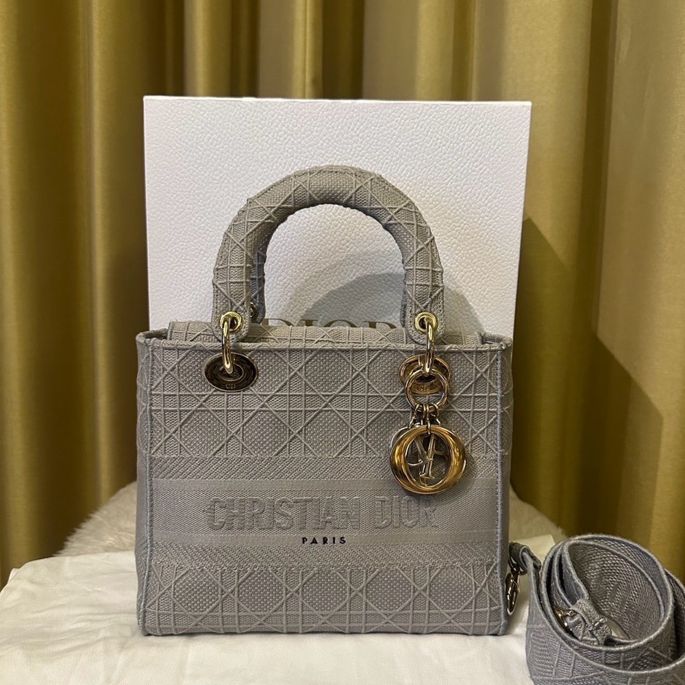 Lady Dior D-light Gray Satchel with Iconic Cannage Quilting 

 Microchip